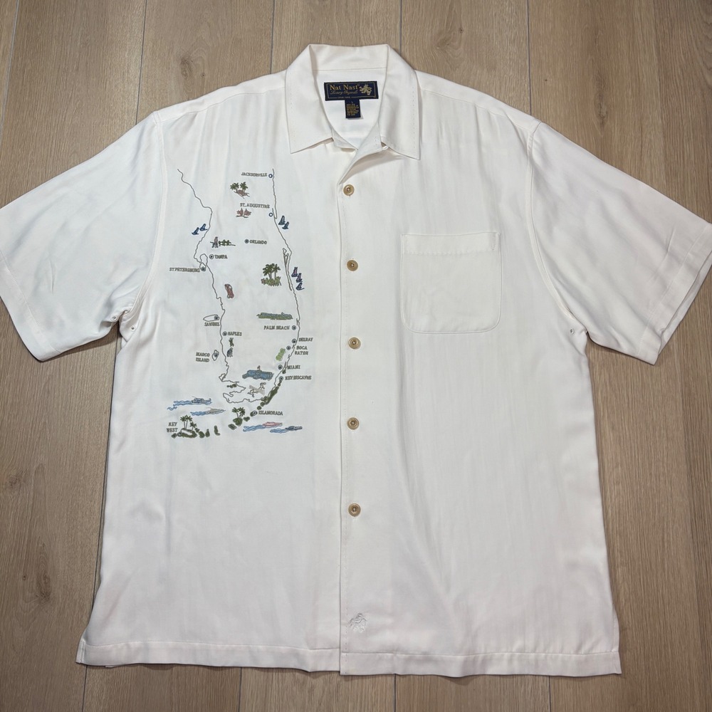 Nat Nast Luxury Originals Florida Map Silk Shirt White Limited Edition Men Large